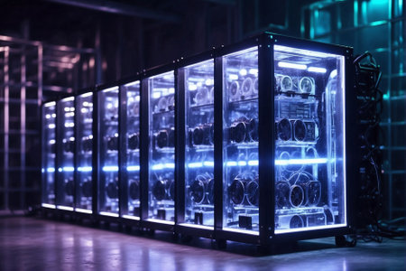 Modern powerful cryptocurrency mining farm. Bitcoin coins: neon multicolored lighting.の素材