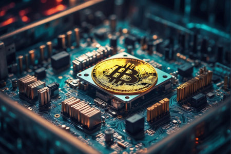 Modern powerful cryptocurrency mining farm. Bitcoin coins: neon multicolored lighting.の素材