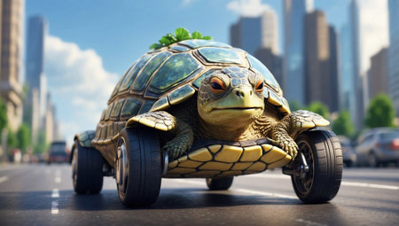 Turtle on the road in the metropolis: concept of slow and safe driving.の素材