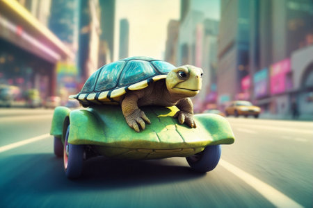 Turtle on the road in the metropolis: concept of slow and safe driving.の素材