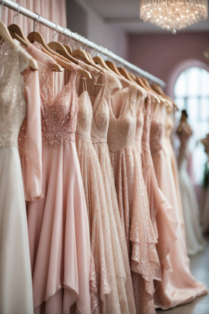 Image of a Row of Wedding Dresses Hanging on Hangers, Illustration of a Row of Wedding Dresses Hanging on Hangers, Store Displayの素材