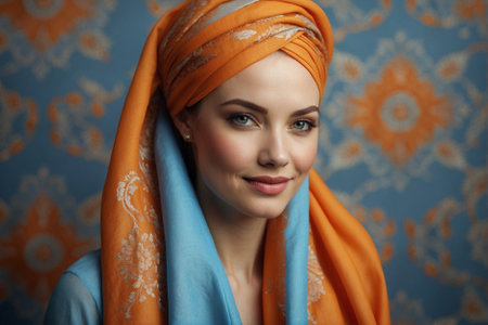 Woman with a vibrant silk scarf on her head, blue and orange color palettes, flowing realistic fabric. Flowing realistic fabric, woman with a vibrant silk scarf on her head, blue and orange color palettesの素材