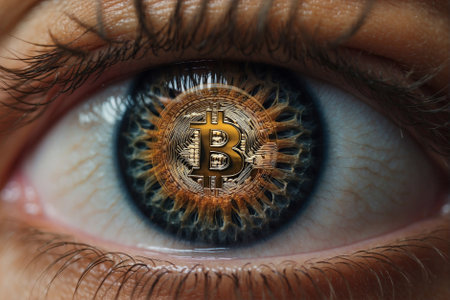 Person looking at a Bitcoin: Gaze into the future! Cryptocurrency trading: Invest in the future!の素材