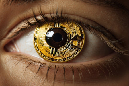 Person looking at a Bitcoin: Gaze into the future! Cryptocurrency trading: Invest in the future!の素材