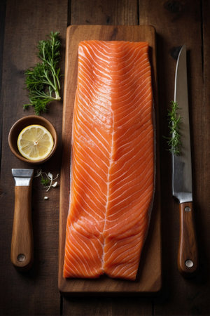 A piece of salmon on a wooden cutting board. Sliced salmon on a wooden cutting board.の素材