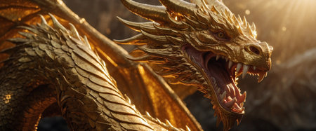Golden dragon, scaly, with a bright metallic gold accent. Striking image of a golden dragon with a vibrant metallic scale accent.の素材