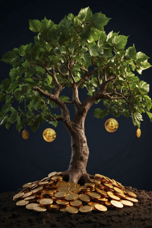 Money tree with Bitcoin coins. Cryptocurrency trading.の素材