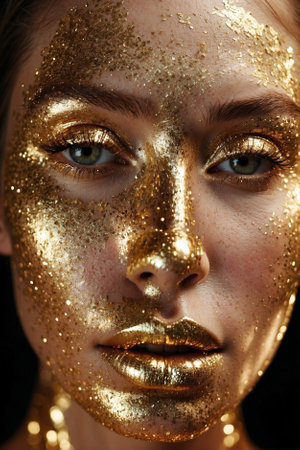 Golden Shimmer Makeup for Beautiful Young Woman. Advertisement for Cosmetics and Beauty Salon with Beautiful Young Womanの素材