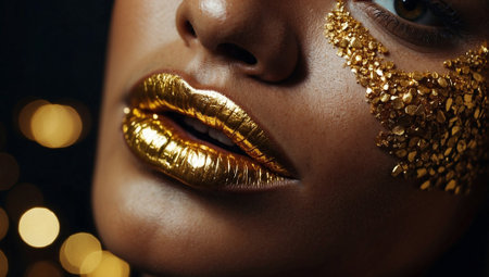 Perfect lips of a beautiful young woman with professional golden makeup. Cosmetics advertisement, Beauty salon advertisementの素材