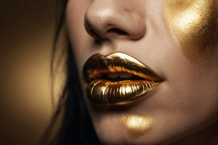 Perfect lips of a beautiful young woman with professional golden makeup. Cosmetics advertisement, Beauty salon advertisementの素材