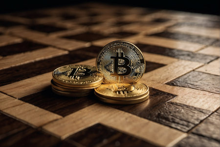 Bitcoin coin on a chessboard. Grandmaster cryptocurrency tradingの素材