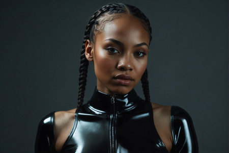 Beautiful slim Afro-American woman in a glossy black latex suit. Multiple small braidsの素材
