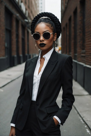 Sleek Business Afro-American Model in Black and White Suit with Sunglasses. Fashionable Advertising Campaign with Beautiful African-American Woman in Business Suit with Vibrant Accentsの素材