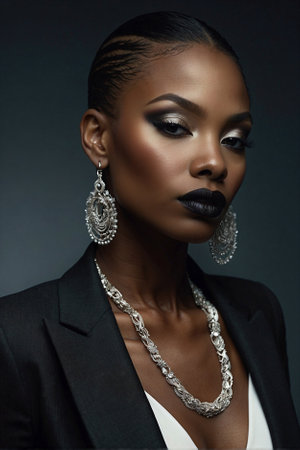 Elegant Afro-American Model in Black and White Business Suit with Jewelry. Attractive Lady with Luxurious Jewelry in a Bold Business Lookの素材