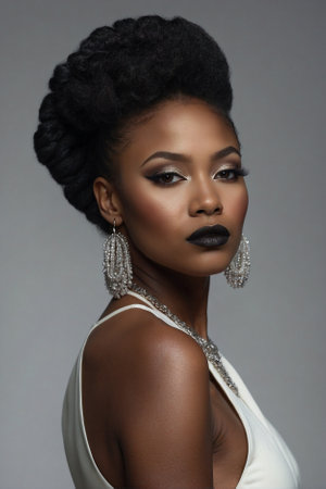 Fashionable Afro-American Model with Jewelry in White Jewelry Salon. Elegant Afro-American Woman with Luxurious Jewelry in White, Jewelry Factoryの素材