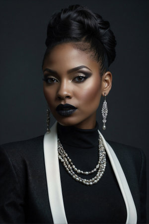 Elegant Afro-American Model in Black and White Business Suit with Jewelry. Attractive Lady with Luxurious Jewelry in a Bold Business Lookの素材