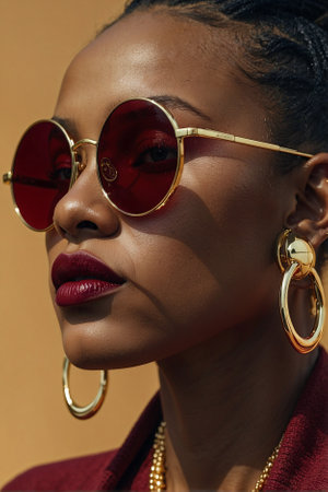 Close-up of elegant African-American woman in sunglasses. Afrofuturism, braids, vibrant colors, dark burgundy accentsの素材