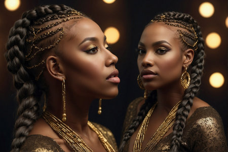 Women with braided hair, golden and black makeup, natural beauty, tanned skinの素材