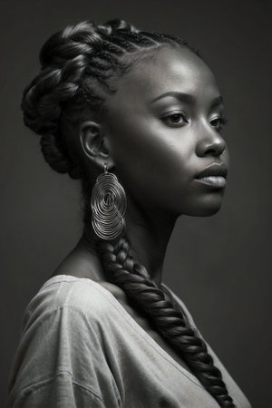 Black and white photo of a woman with hair braided in a braid, afrofuturism, bun on the crownの素材