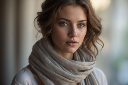 Close-up of a beautiful young woman in a light summer silk scarf in gray-beige colorの素材