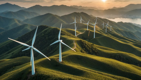 Group of wind turbines standing on top of green hills, atmospheric shot, beautiful sunlightの素材