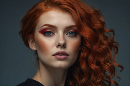 Creative portrait of a woman with bright hair. Curly beauty: vibrant look with fiery red hair and creative makeupの素材