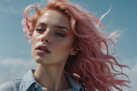Close-up of a woman with pink hair blowing in the wind, gray-blue background, fashion photo, curly blondeの素材