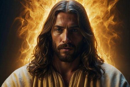 Jesus front view, hand holding torch of yellow flame, long hairの素材