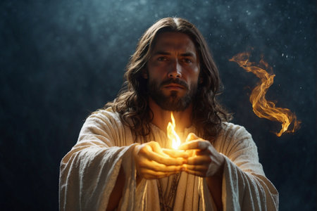 Jesus front view, hand holding torch of yellow flame, long hairの素材