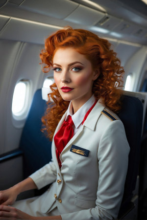 Close-up of a beautiful woman in a flight attendant uniform with bright fiery red hair, in the cabin of a passenger airliner, airline advertisement, tour operator advertisementの素材