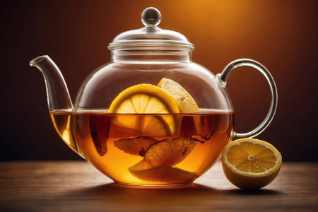 Glass teapot with hot tea and lemon slices, orange backgroundの素材