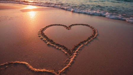 Heart drawn on sand at sunset on a beach. Colorful sunset with heart and perfectionの素材