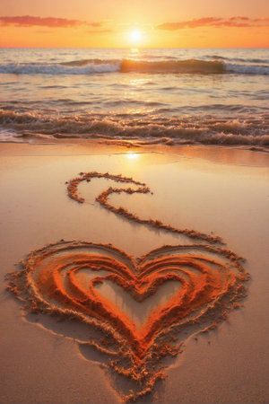 Heart drawn on the sand against a sunset on the beach. Pastel-orange sunset over the sea with a heart drawn on the sandの素材