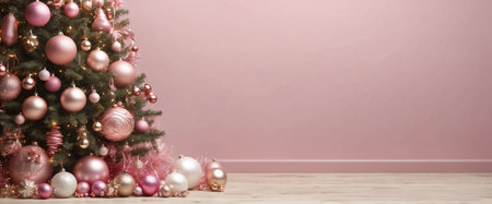 Christmas tree adorned with pink ornaments, pastel gold, and gifts. Christmas tree decorated with pink ornaments and presentsの素材