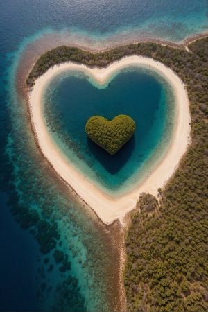 Heart-shaped island in the middle of the ocean: tropical style. Romantic getaway on the beaches: sparsely populated paradiseの素材