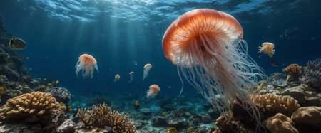 Underwater scene with corals and jellyfish. Underwater rays of light at a large coral reefの素材