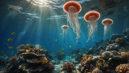 Underwater scene with corals and jellyfish. Underwater rays of light at a large coral reefの素材