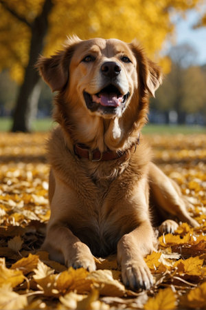 Dog in yellow leaves: golden autumn. Lazy dog in the autumn forestの素材