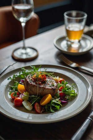 Dish by the chef in a premium restaurant. A plate of food in close-up on the table in a premium restaurant, a diet saladの素材