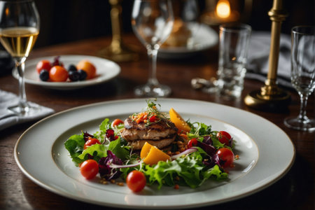 Dish by the chef in a premium restaurant. A plate of food in close-up on the table in a premium restaurant, a diet saladの素材