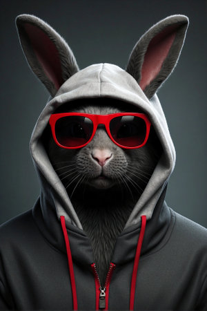 Black rabbit in glasses and hooded sweatshirt with ears. Black and red jacket in sunglasses, portraitの素材