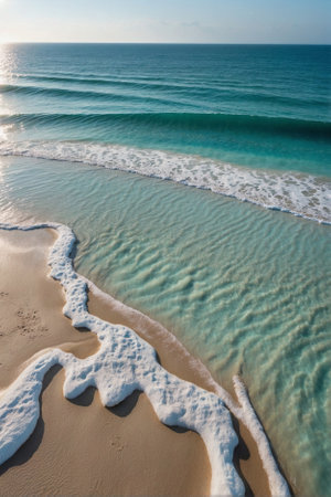 White sandy beach with azure blue water and palm trees, smooth perfect premium beach, crystal clear waterの素材