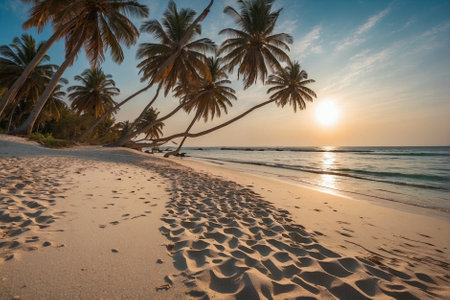 White sandy beach with azure blue water and palm trees in a beautiful summer sunset hour. Golden lighting and crystal clear waterの素材