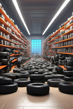 Storage of car tires. Organized storage of tires and rimsの素材
