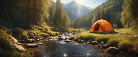 An image with an orange tourist tent in a sunny clearing on the bank of a mountain winding stream in the middle of the forestの素材