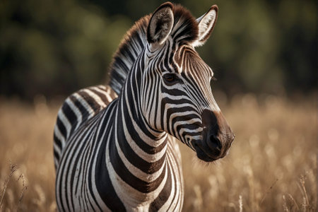 Beautiful portrait of a zebra on the savanna background. Large portrait of a zebra on the savanna backgroundの素材