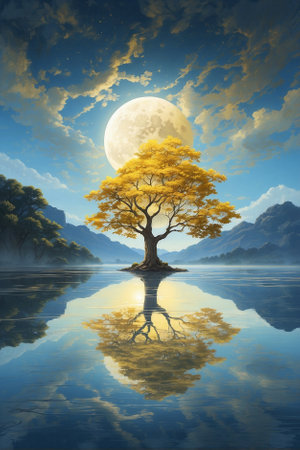 Painting with an Image of a Tree in the Middle of a Lake, Perfect Reflection. Shining Moon and Japanese Art in Yellow-Blue Shadesの素材
