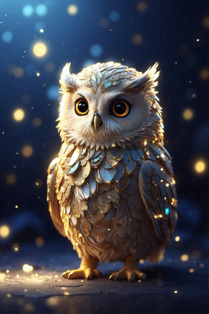 Magical Owl with a Glowing Golden Aura in the Dark Silence. Small Cute Owl Standing in the Shadows with Snowy Glowの素材