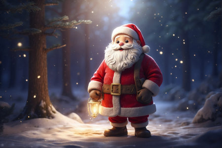 Cheerful Santa in Snowy Forest. Cute and Magical Santa Claus in Darknessの素材