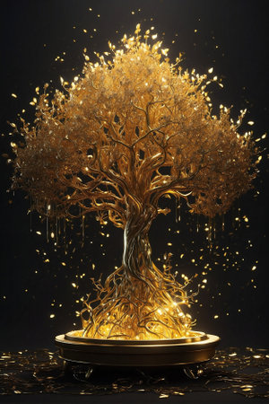 Golden tree on a black background. Digital art, golden light, ethereal lights, magical tree, goldenの素材